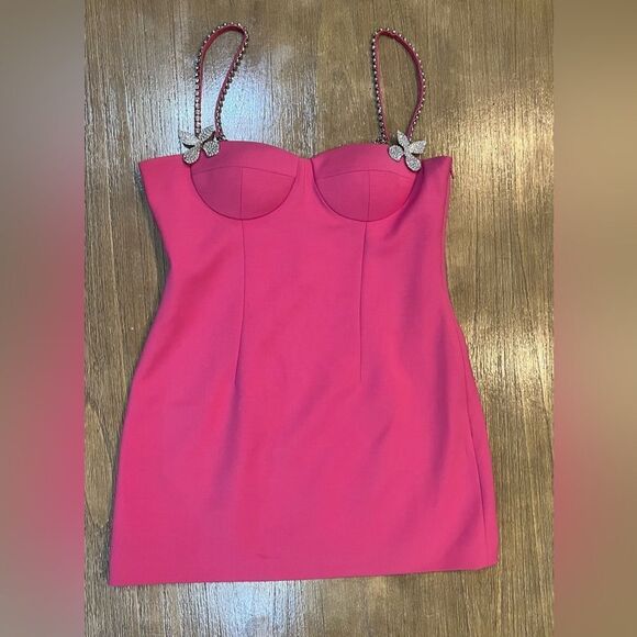 AREA Pink Mini Dress Crystal Embellished Size 10 Wool Blend Crepe - Picture 5 of 12